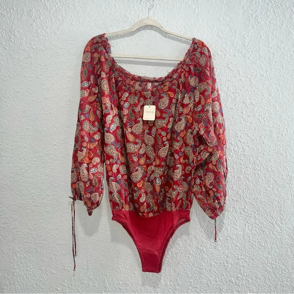 Free People Sundown Bodysuit Red Vintage Combo